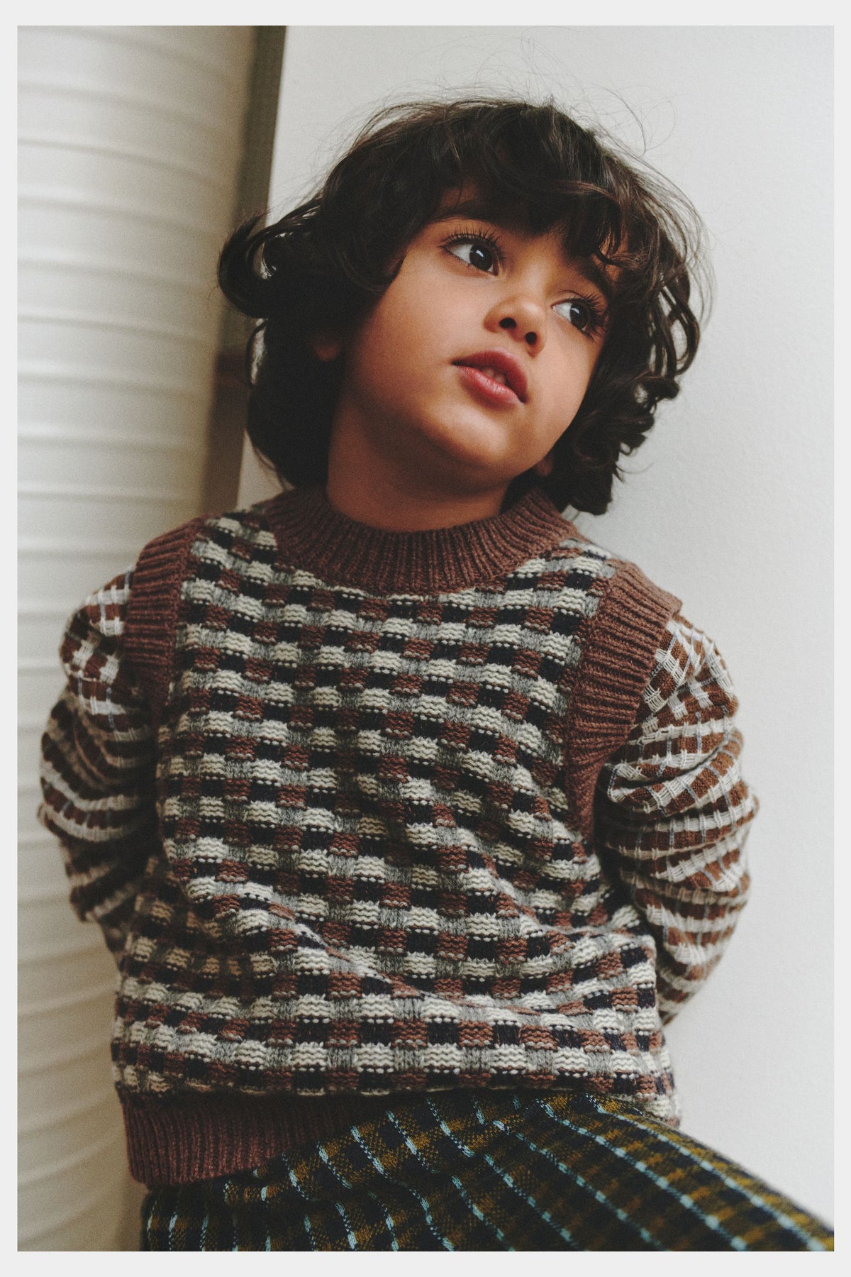 Child wearing FUB Multi Sweater in hazel melange, light grey melange and steel